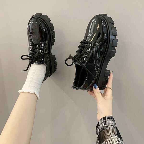 

patent leather ballet flats korean shoes oxfords women's platform all-match female footwear british style casual sneaker, Black