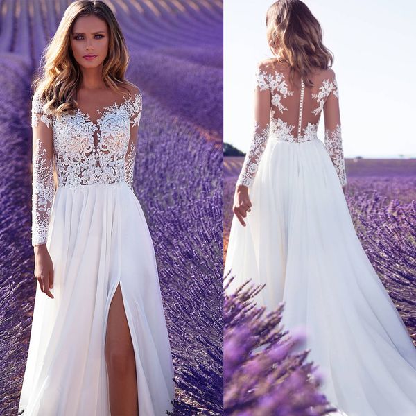 

2019 High Split Lace Chiffon Wedding Dresses Sheath Sheer Illusion Bridal Formal Gown Summer Beach Long Sleeve Milla Nova Wedding Dress