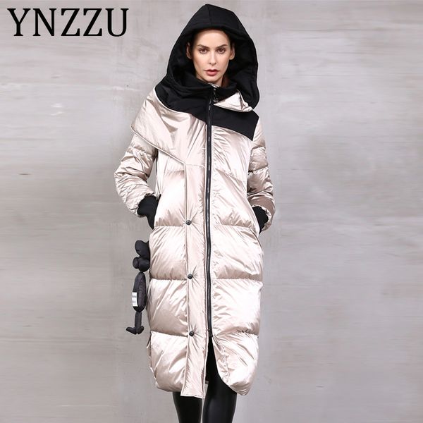 

ynzzu 2019 winter women's down jacket glossy long 90% white duck down coat thicken warm female hooded outwear a1396, Black;white