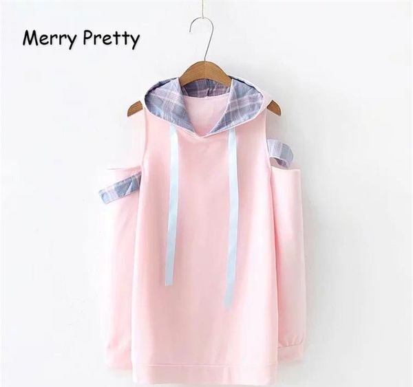 

merry pretty women off shoulder pink hooded sweatshirts 2019 spring long sleeve drawstring pullover femme sweet style hoodies045, Black