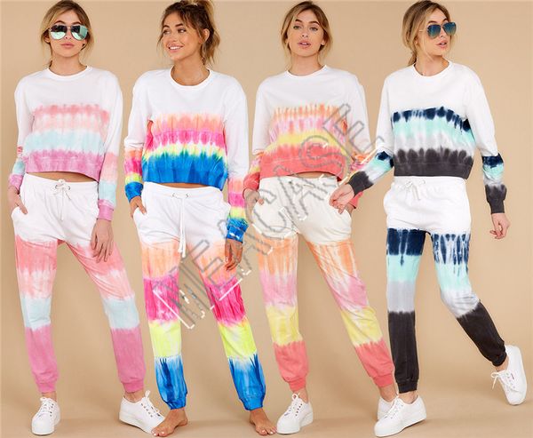 

women long sleeve set 2 piece clothing tie dye pullover t-shirt pants tracksuit sweatshirt sports suit outfits autumn sweater d81403, White