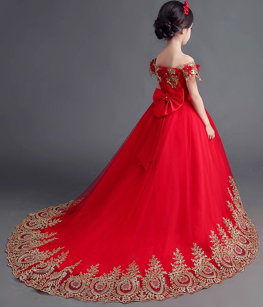 

train red off shoulder applique flower girls' dresses girl' brithday dresses girls' formal dress holiday dresses custom sz 2, White;red