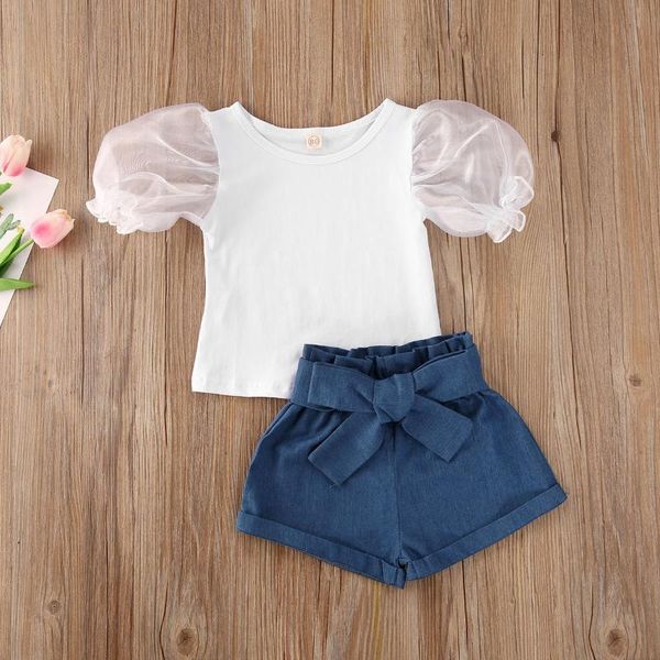 

infant baby girls clothes 2pcs sets children puff short sleeve white t shirts +blue shorts 0-5y toddler outfits