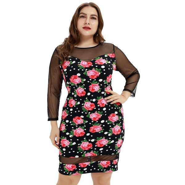 

d30 sale size plus long large fashion women lace woman party 5xl dress big autumn 2019 sleeve printing casual ouqct, Black;gray