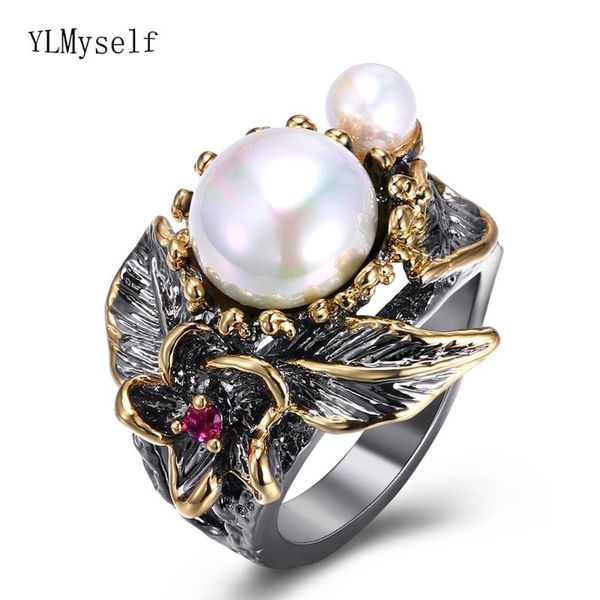 

ylmyself 2020 vintage womens ring pearl leaf flower luxury jewellery mask ball party accessories jewelry rings, Golden;silver