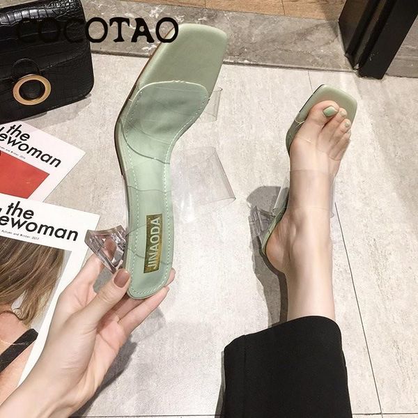 

one word with transparent sandals female 2020 new fashion summer high heels thick heel sandals and slippers fairy style, Black