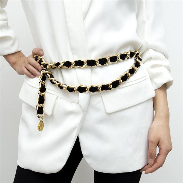 

ladies exaggerated vintage flocking waist chain female fringe alloy metal chain belt for women tassel flannel gold belt, Black;brown