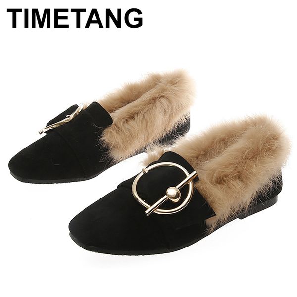 

timetang пряжка fur женская обувь металл квартиры площадь toe flats зима slidingshoes плюс размер zapatos де mujer blackpinke952, Black