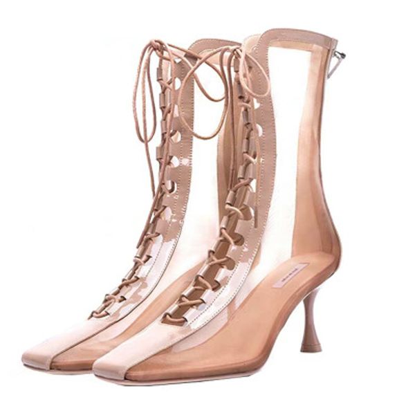 

2020 spring, summer, autumn and new fashion wild hollow breathable fine-heeled tube mesh high-heeled lace-up female cool boots, Black