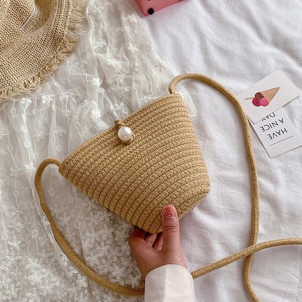 

2020 new bucket bag coin purse shoulder messenger bag khaki fashion casual rattan beach travel woven mobile phone