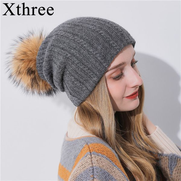 

xthree multipurpose winter women's hat with raccoon pom pom beanies hat cashmere knitted keep warm gorro wool brand, Blue;gray