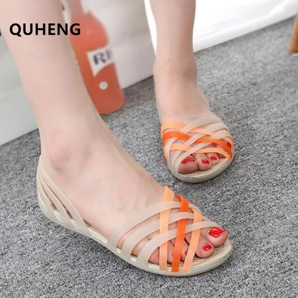 

quheng women sandals 2020 summer new ladies flat beach plastic waterproof shoes rainbow open toe fish mouth woman sandals a082, Black