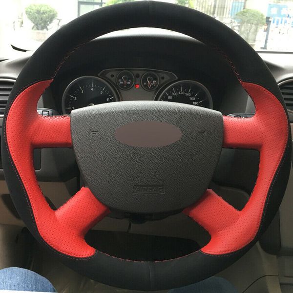 

diy car steering wheel cover black suede red leather for ford focus 2 2005-2011
