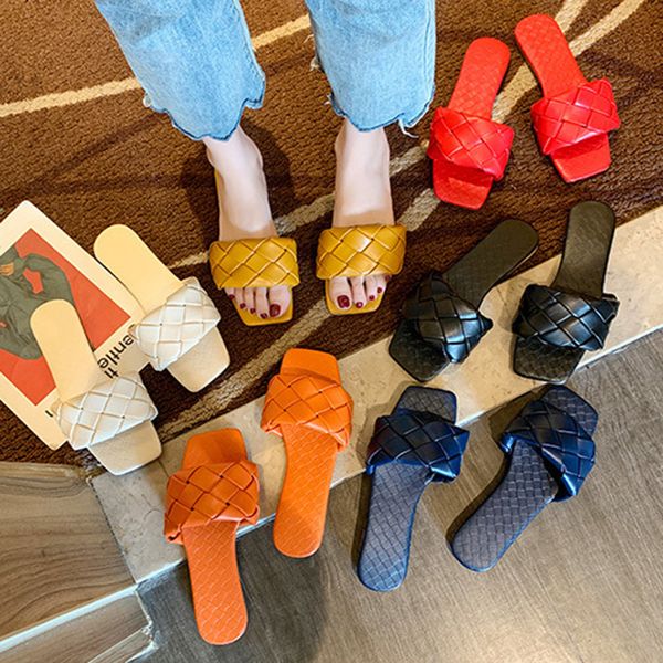

sandals women's 2020 summer new flat-bottomed slippers female net celebrity style woven square toe sandals and slippers, Black