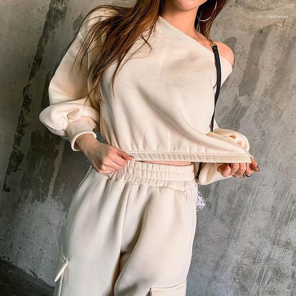 

tracksuit loose bubble sleeves short sweatshirt and loose trousers famale sport suit women slash neck hoodies, Gray