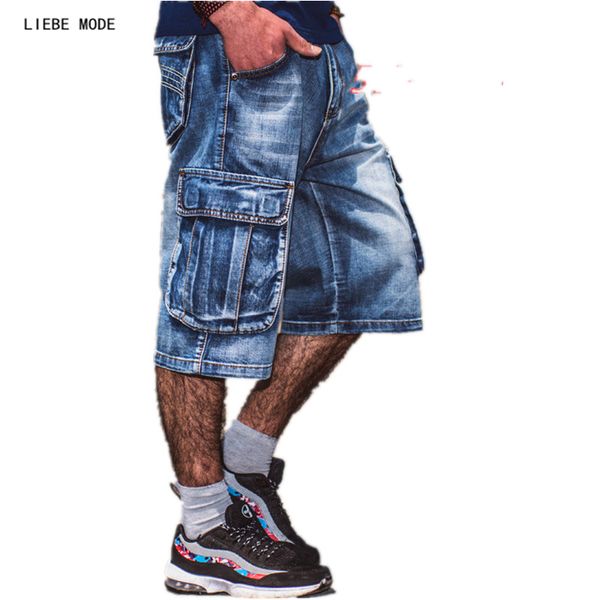 

mens hip hop denim baggy jeans shorts men plus size cargo shorts jeans for men biker cargo multi pockets 44 46, Blue