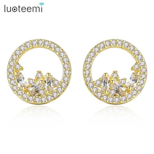 

luoteemi cute small round women stud earrings for wedding party white gold or gold color paved cz fashion jewelry brincos gift, Golden;silver
