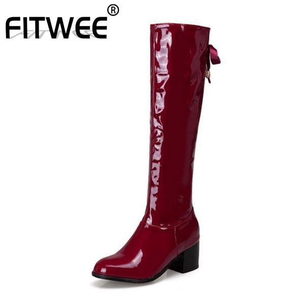 

boots fitwee plus size 33-50 ladies knee high square heels fashion zipper party shoes woman motorcycle footwear, Black