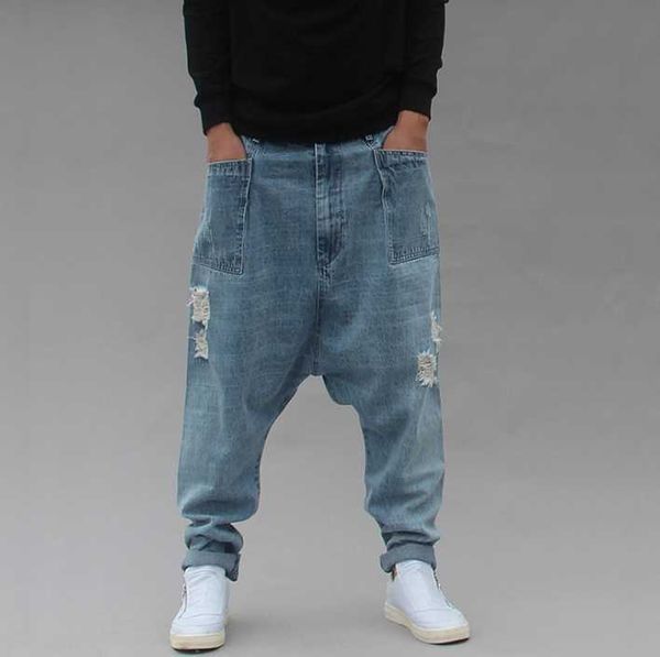 

men's harem jeans loose harlan jeans hip hop broken hole trousers cross-pants denim pants baggy fashions joggers, Blue