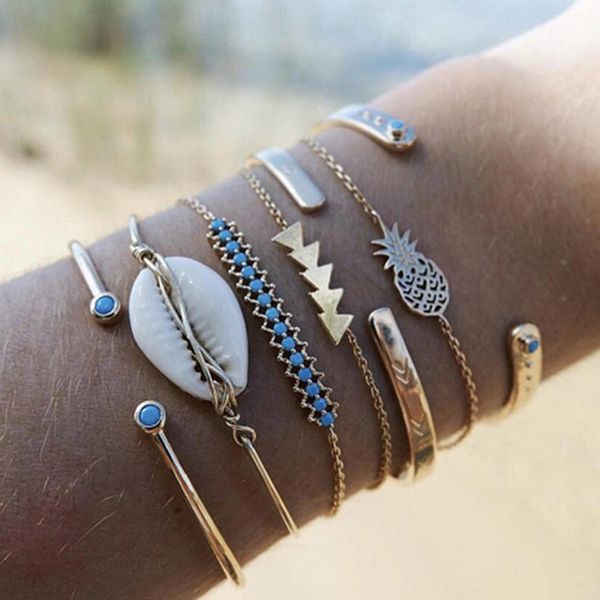 

tocona 7pcs/sets summer shell stone bracelets blue rhinestone leaf pineapple for women accessories bohemian jewelry 9628, Black