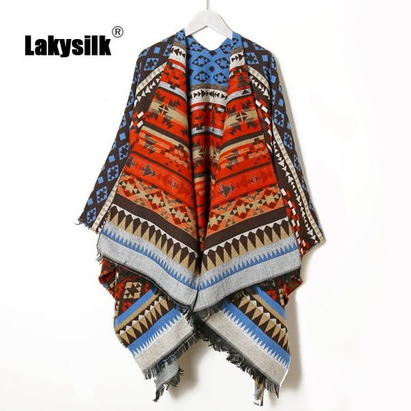 

scarves 2021 geometric print women poncho autumn winter thick warm capes female tassel large plus size ponchos, Blue;gray