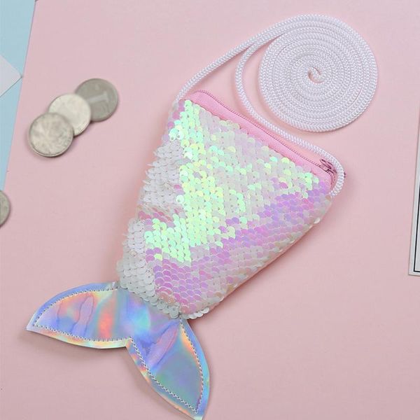 

sequins shoulder fish tail coin purse cute pouch crossbody gift mini wallet girls kids casual zipper, White
