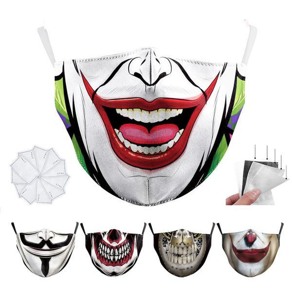 

5pcs fun halloween masquerade party joker with 2 layers face mask dust mouth sports washable protective reusable fashion mask facemask