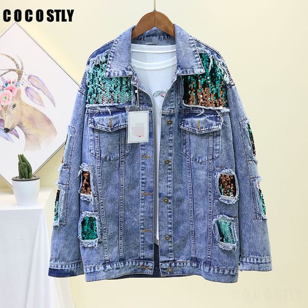 

harajuku women casual denim sequins jeans jackets vintage long sleeve holes denim jacket loose patchwork sequined jeans jacket, Black;brown