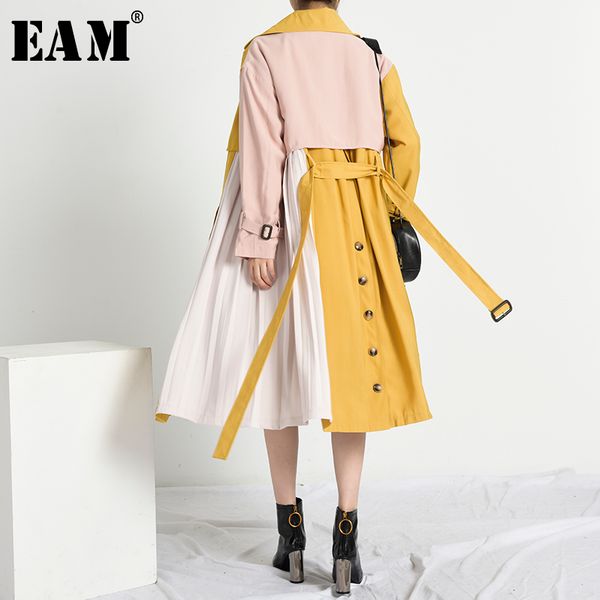 

eam] women pleated split big size long trench new lapel long sleeve loose fit windbreaker fashion tide spring 2020 1x77907, Tan;black