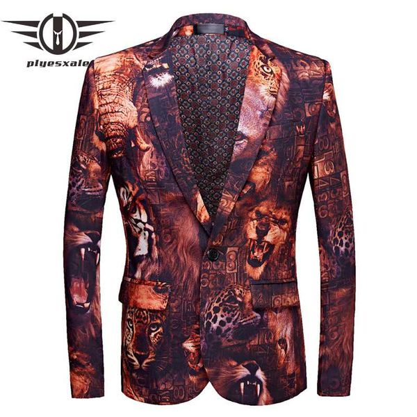 

plyesxale brand men blazer jacket slim fit 3d tiger lion mens printed blazer new designs men's blazers stage costume homme q483, White;black