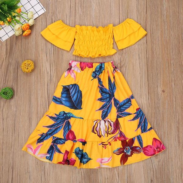 

girl's dresses 2021 fashion casual 1-6y holiday baby girls clothing suit off shoulder ruffle sleeve t shirts floral a-line skirts set, Red;yellow