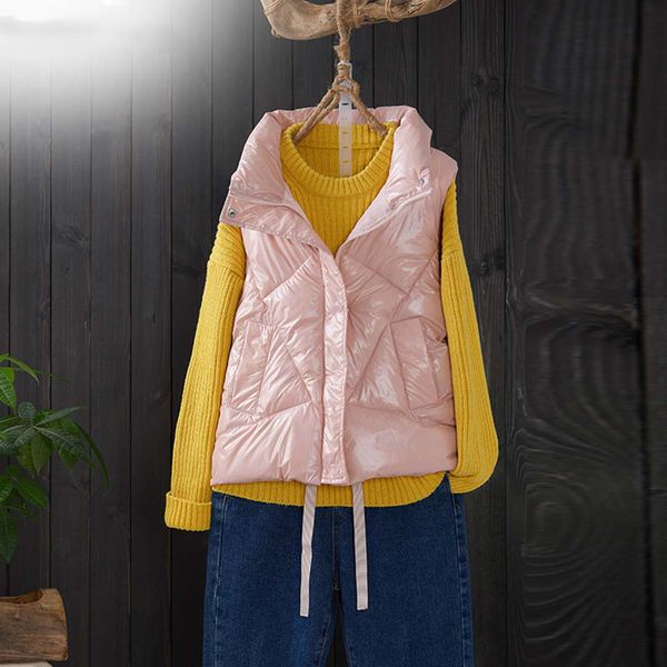 

2020 new stand collar short vest women winter vests cotton padded jacket sleeveless female shinny winter waistcoat, Black;brown