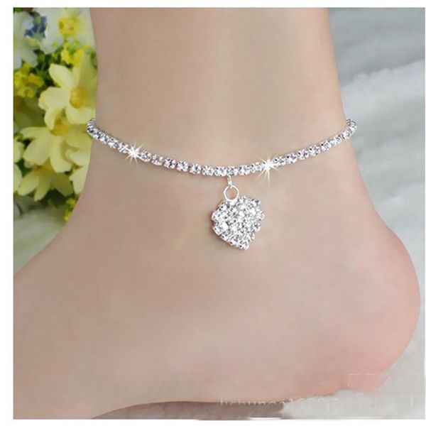 

wholesale simple anklet crystal rhinestone love heart pendant toe ankle bracelet chain link foot jewelry for women drop shipping, Red;blue