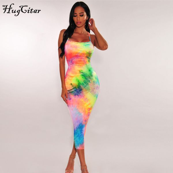 

hugcitar tie dye slip backless summer autumn women fashion high waist slim party elegant bodycon midi kg-776, Black;gray
