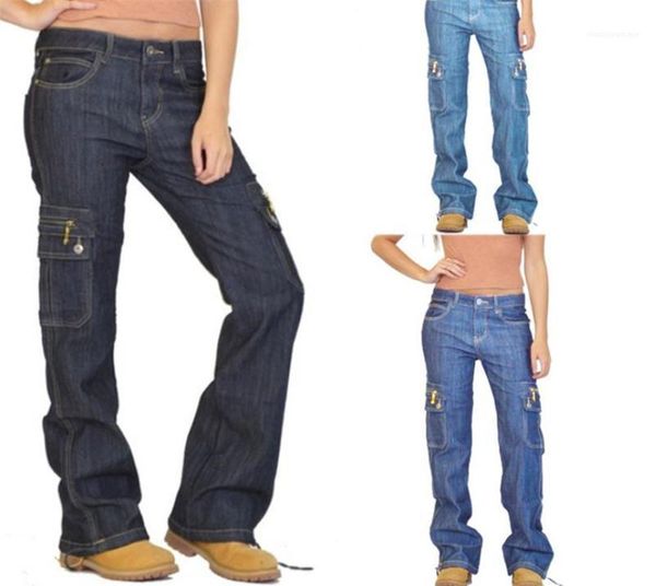 

solid color zipper pocket pants womens fashion jeans womens jeans cargo pants autumn casual street style, Blue