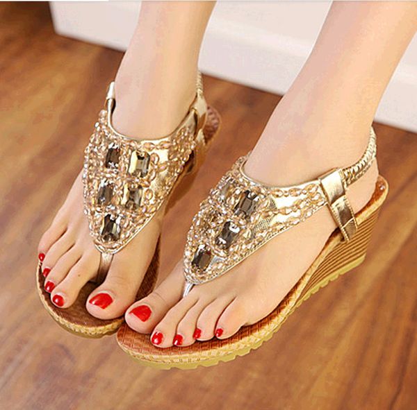 

open toe fashion string bead platform wedges sandals women t-strap solid ladies shoes high back strap elastic band sandals, Black