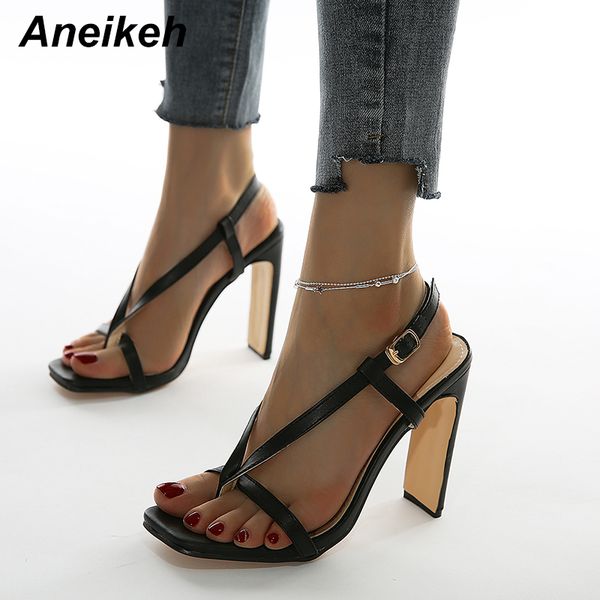 

sandals aneikeh summer women shoes ankle strap pu fashion shallow casual buckle back thin heels black size 35-41