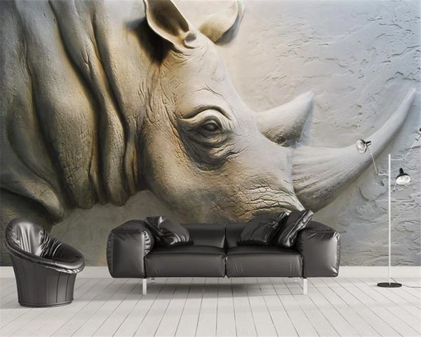 Costume 3d animal Wallpaper 3D Relief Rhinoceros fundo Mural Impressão Digital HD decorativa bonito Wallpaper