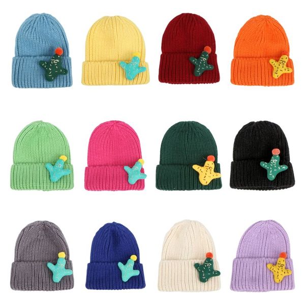 

kids baby winter chunky cable knit beanie hat cute 3d cartoon cactus doll windproof crochet candy color cuffed skull cap, Blue;gray