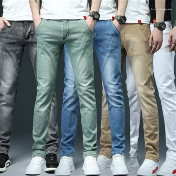 

брюки trend классические мужские джинсы упругие тонкий вскользь малый straight slim fit синий цвет джинсы стрейч джинсовые брюки весна и лет, Blue