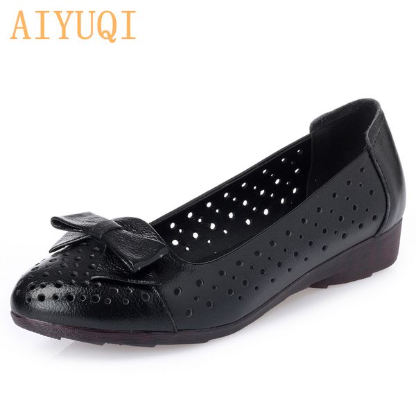 

aiyuqi 2020 summer ladies sandals genuine leather woman flats hole shoes slip on female loafers lady boat shoe bowknot shoes pu, Black