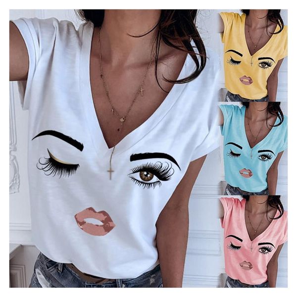 

женщины отдых sexy v шеи простого tops casual летней мода мультфильм печатается с коротким рукавом свободных t-shirt горячей продажи, White