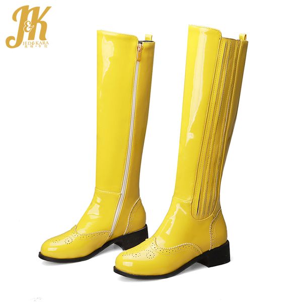 

jk patent pu boots women knee high boot ladies round toe shoes female zip low heels shoes casual winter purple 2020 new, Black