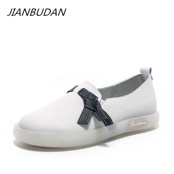 

jianbudan genuine leather white flats fashion women's spring casual shoes autumn flat girls loafers breathable soft sneakers, Black