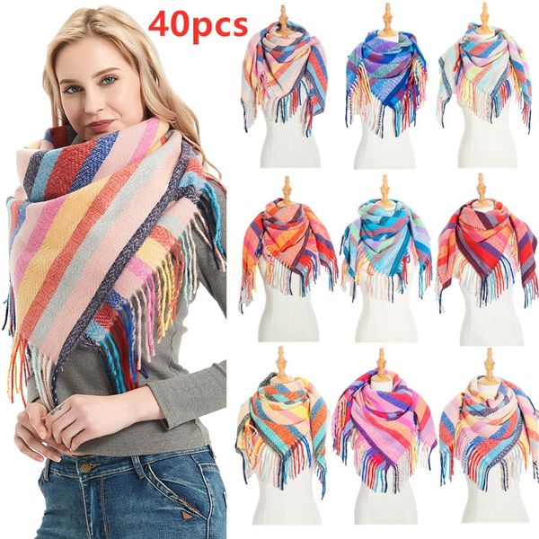 

2020 new striped lattice long fringed square fashion winter scarf women men bib shawl square scarf 40 colors, Blue;gray
