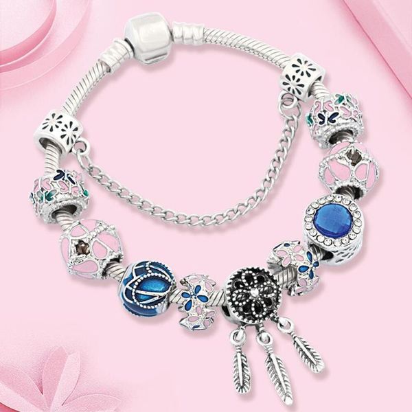 

dropshipping pink butterfly flower charm bracelets for women girl dream catcher bead bracelet dark blue crystal bracelet, Red;blue