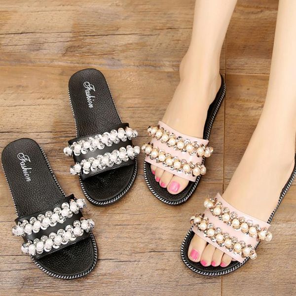 

donna pantofole 2020 spring and autumn new pearl flat bottom leisure fashion women's shoes outdoor wear women's slippers, Black