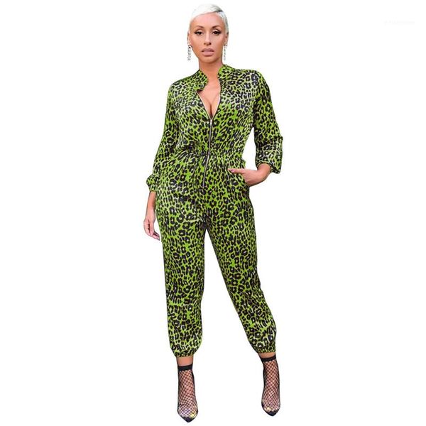 

leopard pattern jumpsuits with zipper casual v-neck long sleeve capris jumpsuits womens designers clothes women jumpsuits fashion, Black;white