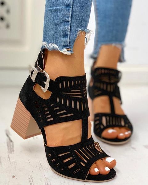 

summer new solid hollow out chunky sandals buckle women' sandals party shoes female bohemia casual, Black