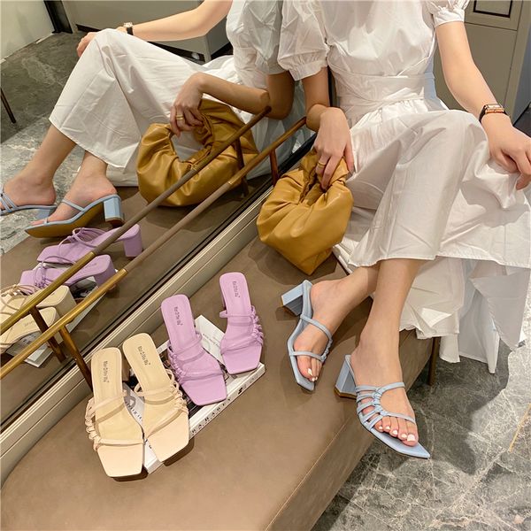 

fashion women sandals slides blue/purple/beige summer dress slides slip on thick high heels sandals slippers beach shoes woman, Black
